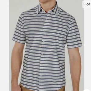 Michael Kors Men Slim-Fit Stretch White Blue Stripe Short-Sleeve MK Shirt